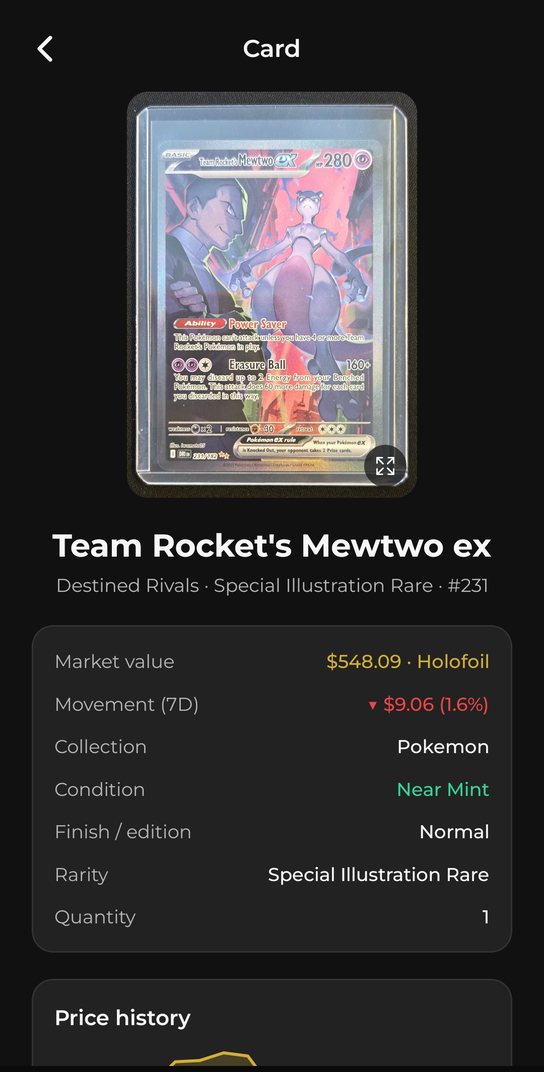Chasing Tens card view: market value, 7-day movement, condition and rarity for a single card