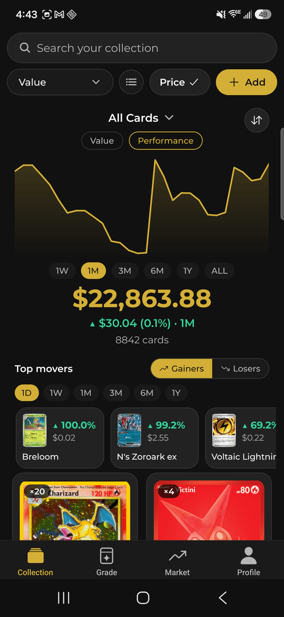 Collection screen showing total value, a value-history chart and the top movers of the day.
