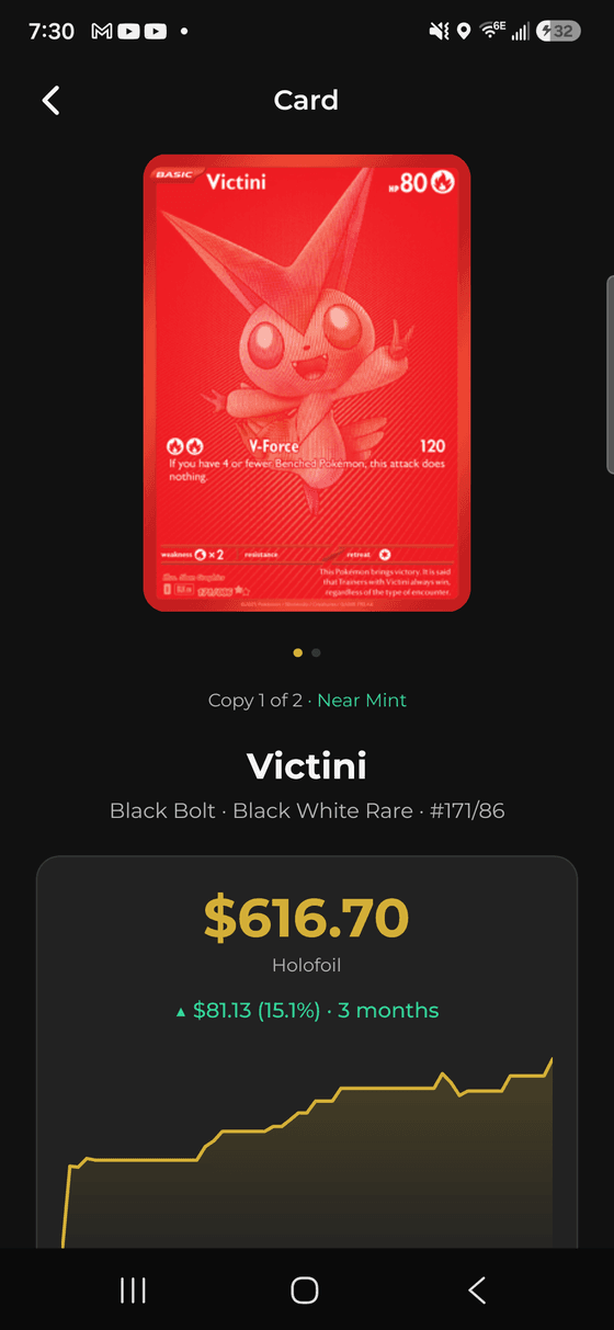 Card detail screen showing condition, set, market price and a price-history chart.